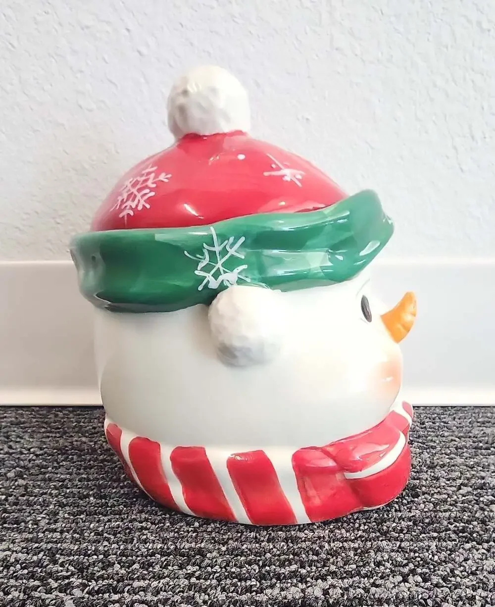 Ceramic Christmas Snowman Head Cookie Jar Red Green Scarf